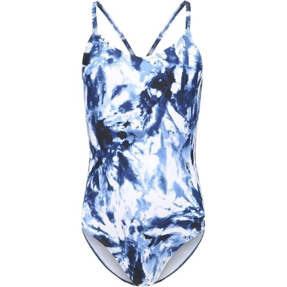 Girls One Piece Swimsuits Blue Tie Dye Sport Halter Swimwear Bathing Suit 9-10y - Picture 1 of 3